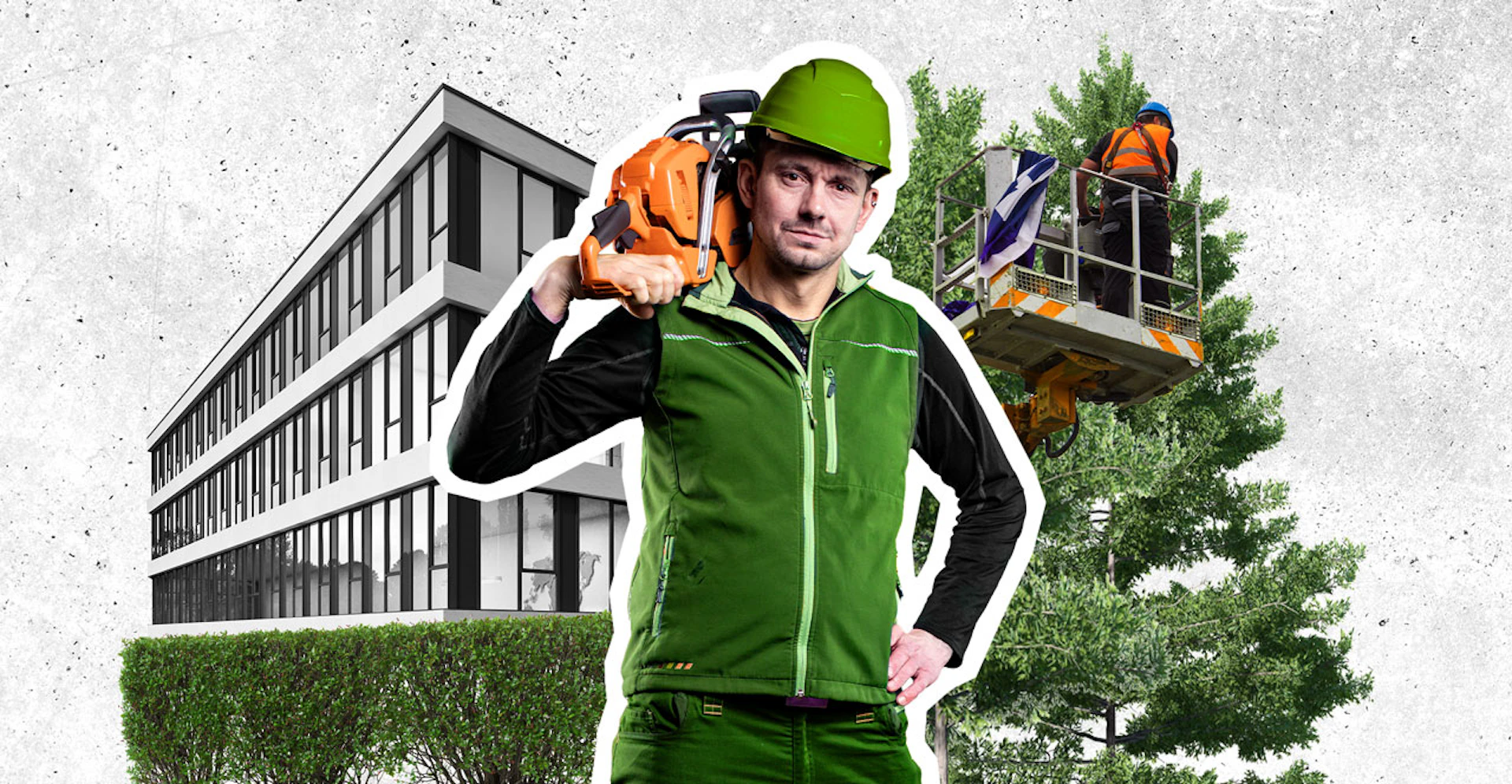 Mann mit Motorsäge im Vordergrund, dahinter ein Gebäude, davor stehen Tannen die mit Hilfe einer Hochbühne von einem Mann geschnitten werden