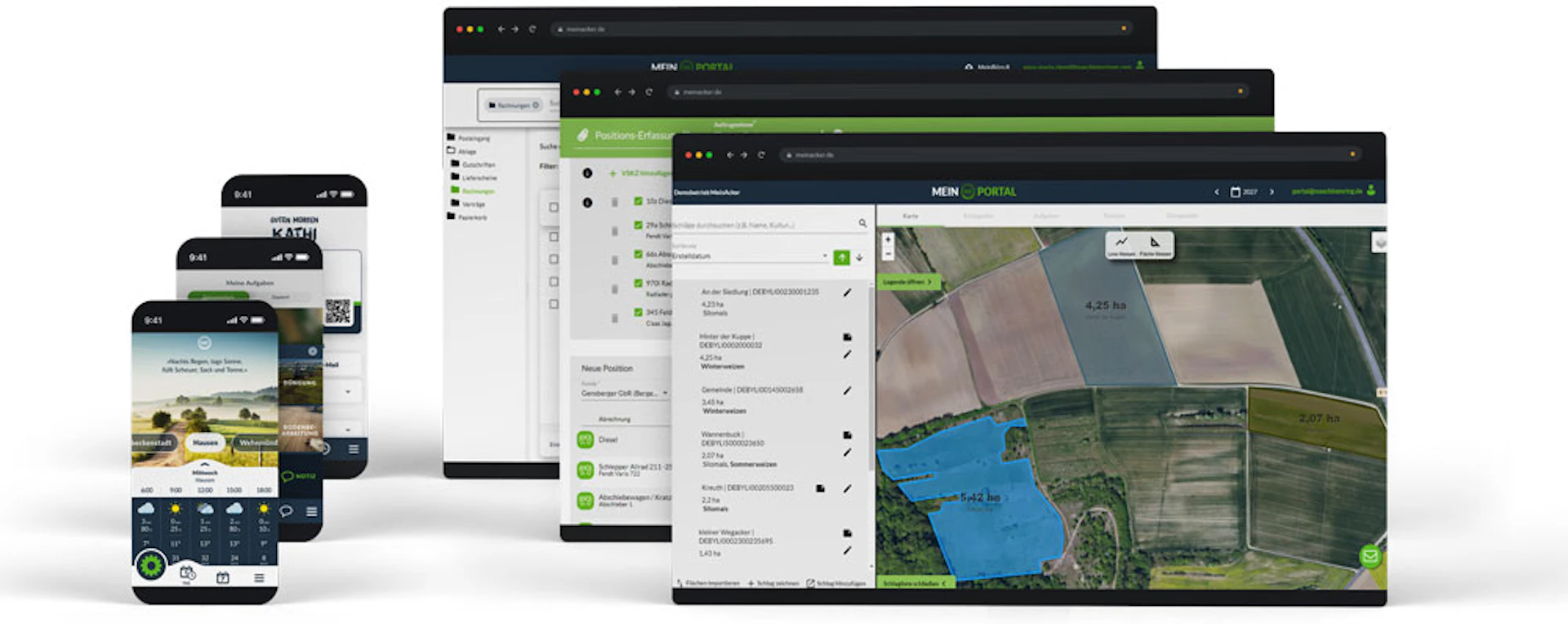 Bild zeigt Mobile- und Desktopansichten von allen Digitalen Anwendungen von Maschinenring Deutschland