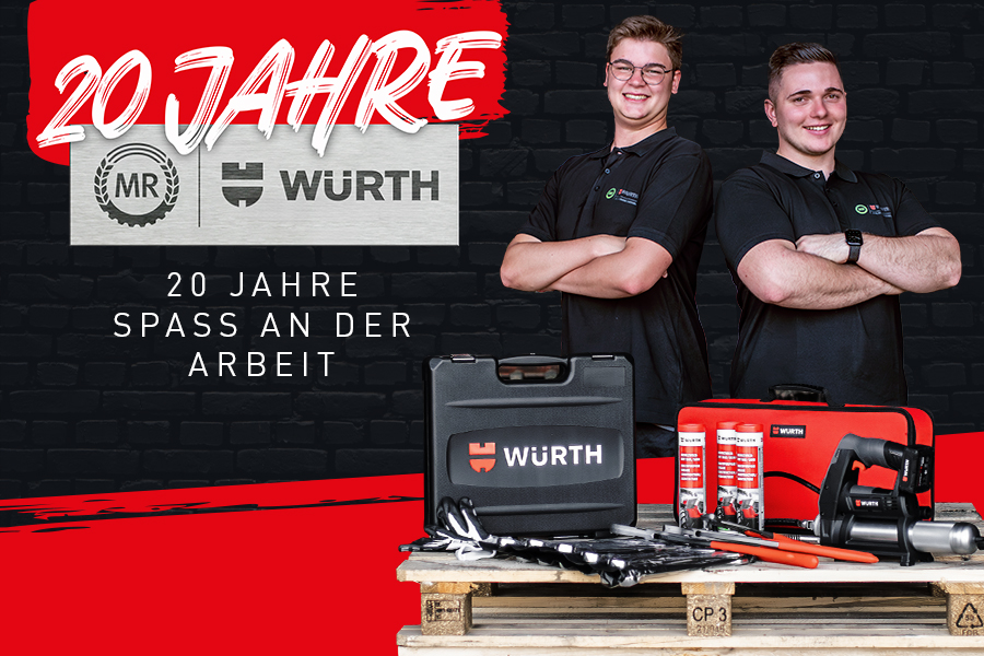 20 Jahre Würth und Maschinenring. 20 Jahre Spaß an der Arbeit. Zwei lachende Männer nebeneinander, davor sind verschiedene Werkzeuge abgebildet. 