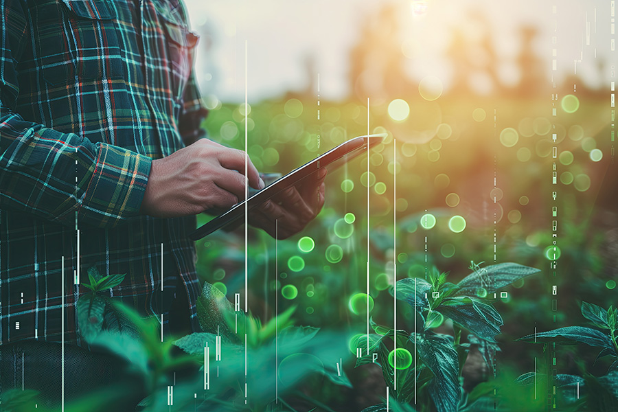 Mann steht auf Feld mit einem Tablet in der Hand