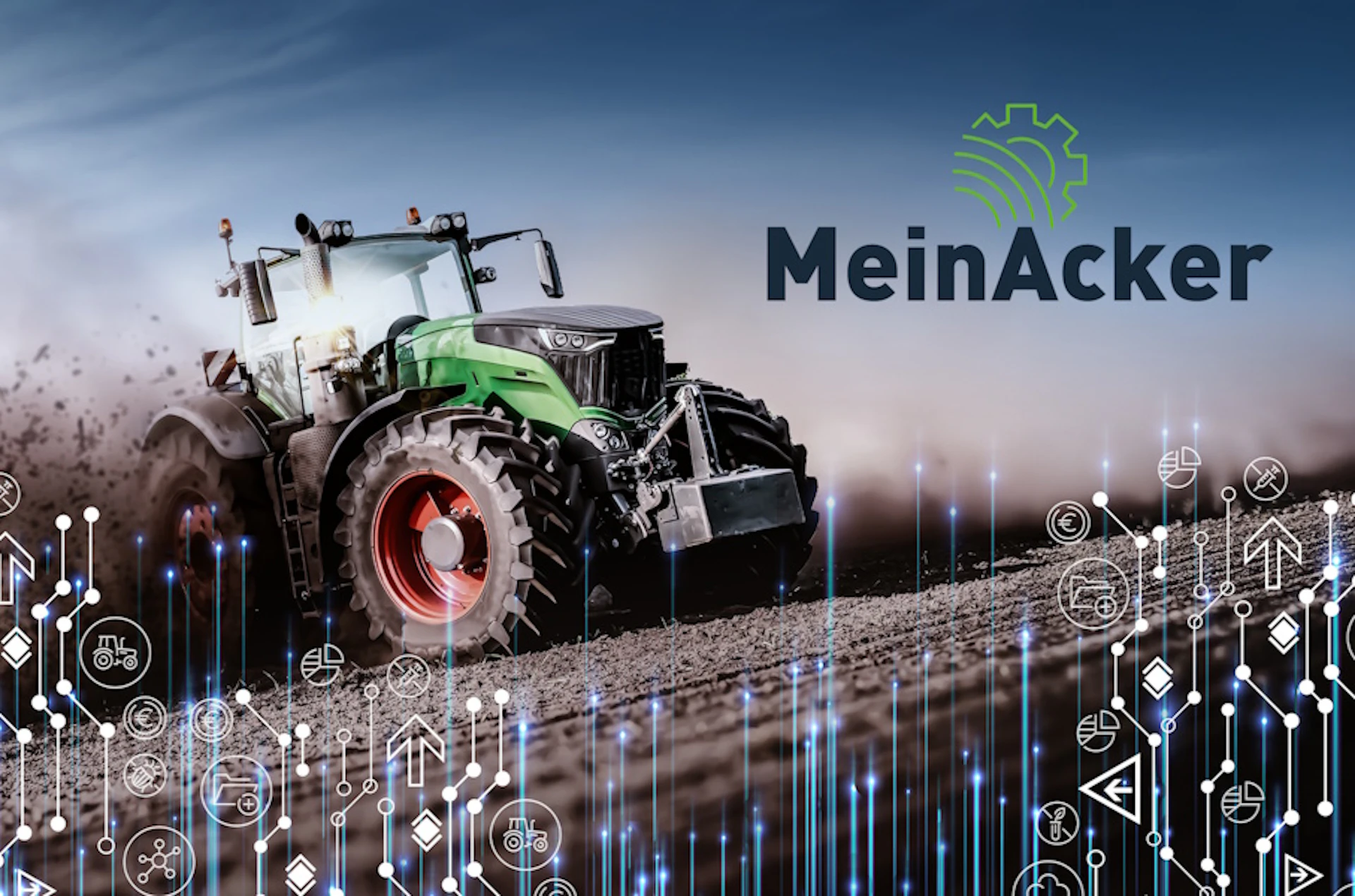 Traktor auf dem Acker mit angedeutetem Datenlook am unteren Bildrand