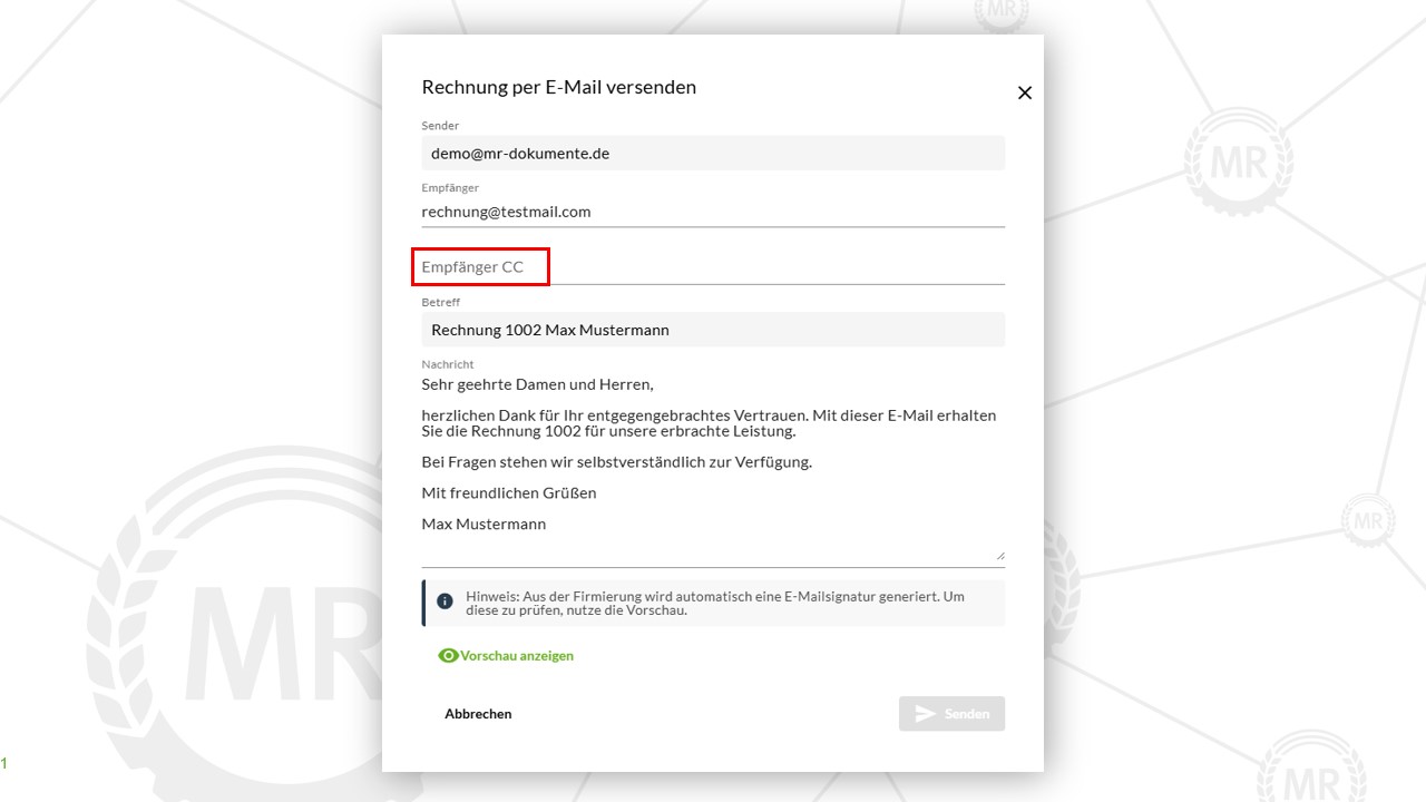 Versenden der E-Rechnungen an mehrere Empfänger